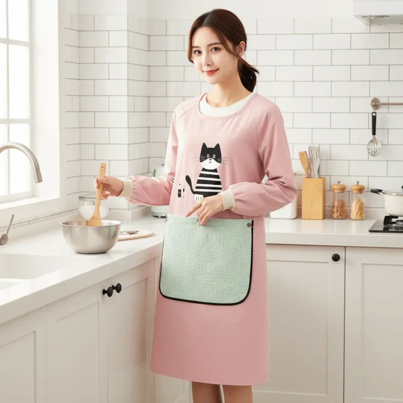 Wear-resistant Kitchen Apron Anti-fouling Hand Wipe Feature Long Sleeved Apron Comfortable with Detachable Towel - view 2