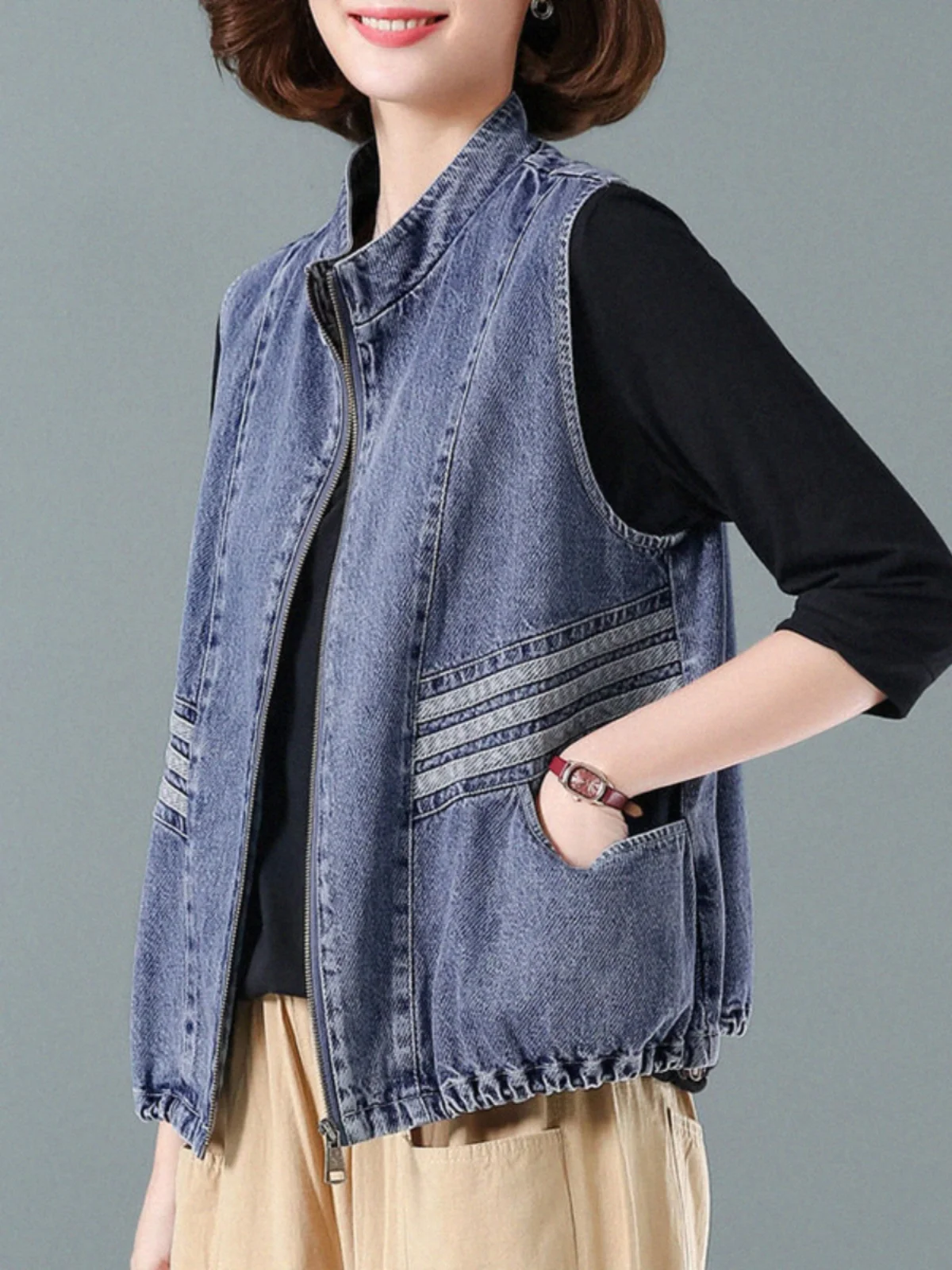 

Sli Retro Denim Vest Women's Outerwear Korean Sle Commute Faion Color Zipper Stand Collar Workwear Design