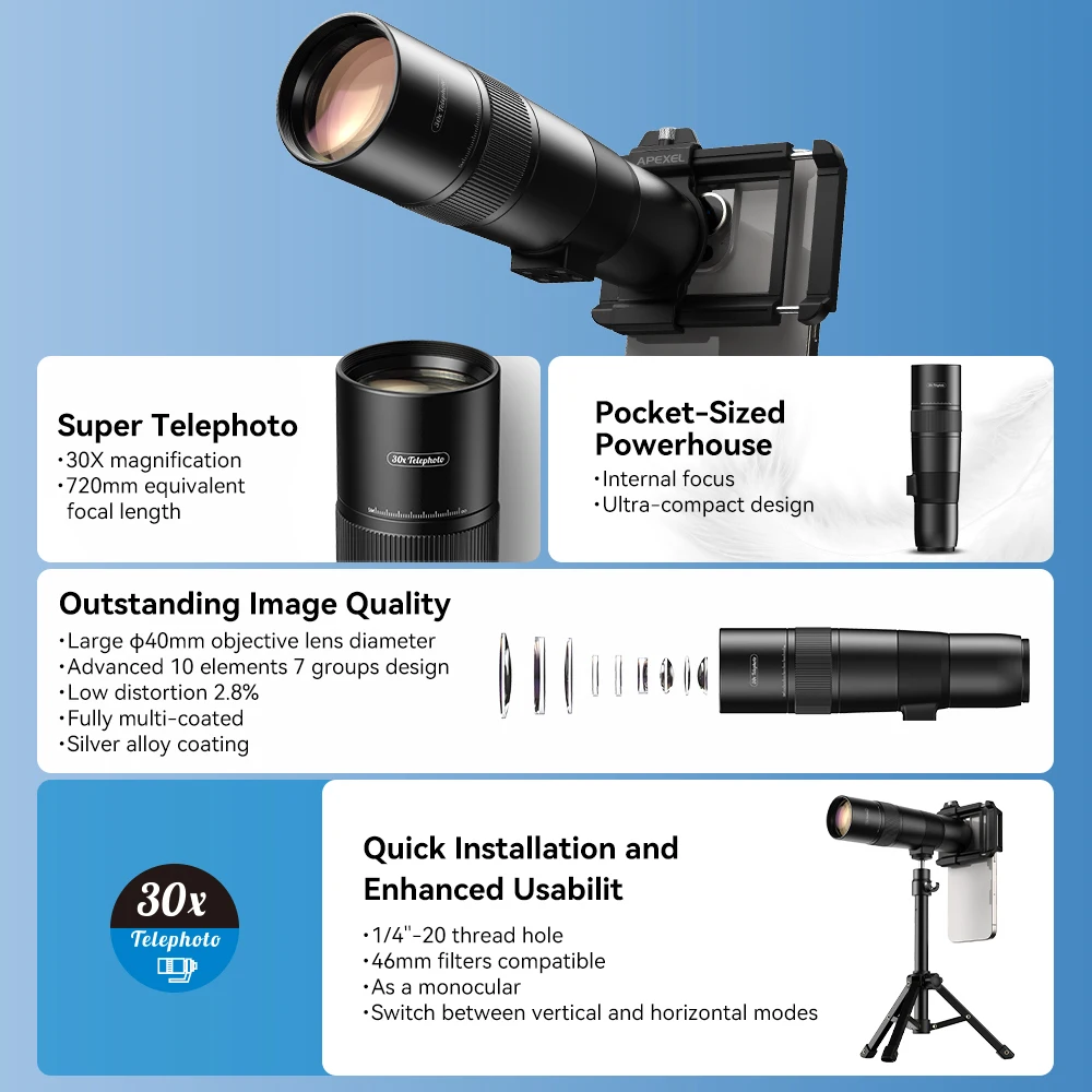 APEXEL 30x Monokular-Teleskop – HD-Ultra-Telobjektiv für Smartphones, mit Stativ – perfekt für die Vogelbeobachtung im Freien, Campi