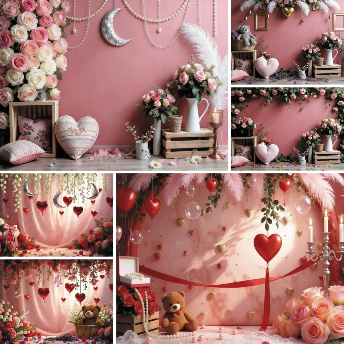 

Valentine's Day Photography Background Love Heart Rose Flowers Pink Wall Romantic Home Room Decor Girls Portrait Photo Backdrop