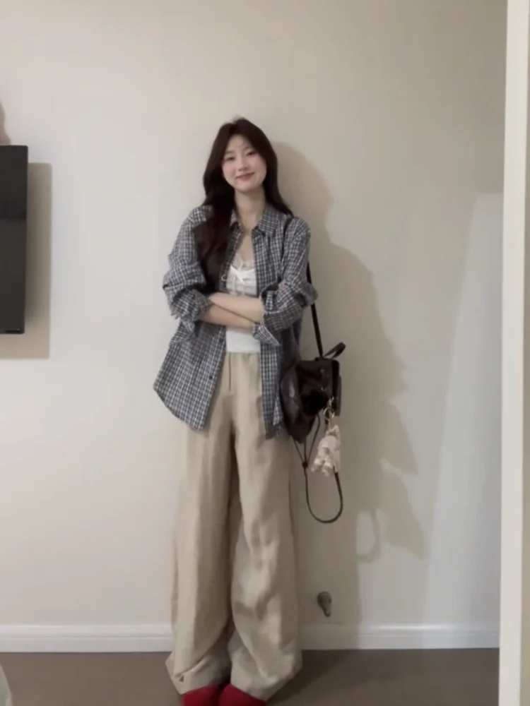 Korean Sle Long Sve Plaid Loose Women's irt Summer Versatile Lazy Sle Top Outerwear Sun Protection irt Blouse