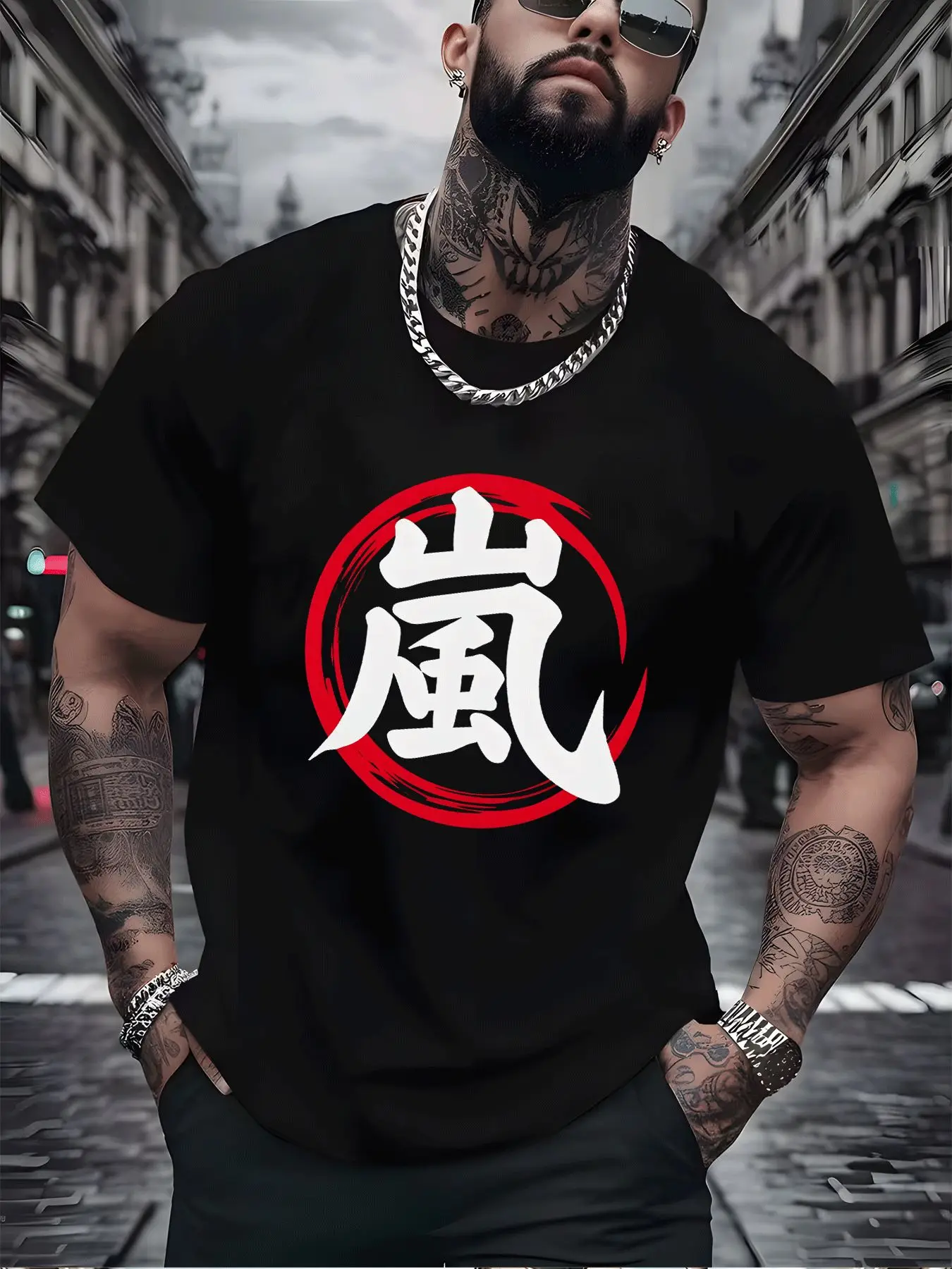 Black Mens Summer Tee Arashi Kanji Red Circle Print Short Sleeve Street Top Soft Daily Wear For Japanese Culture Young Male Fans