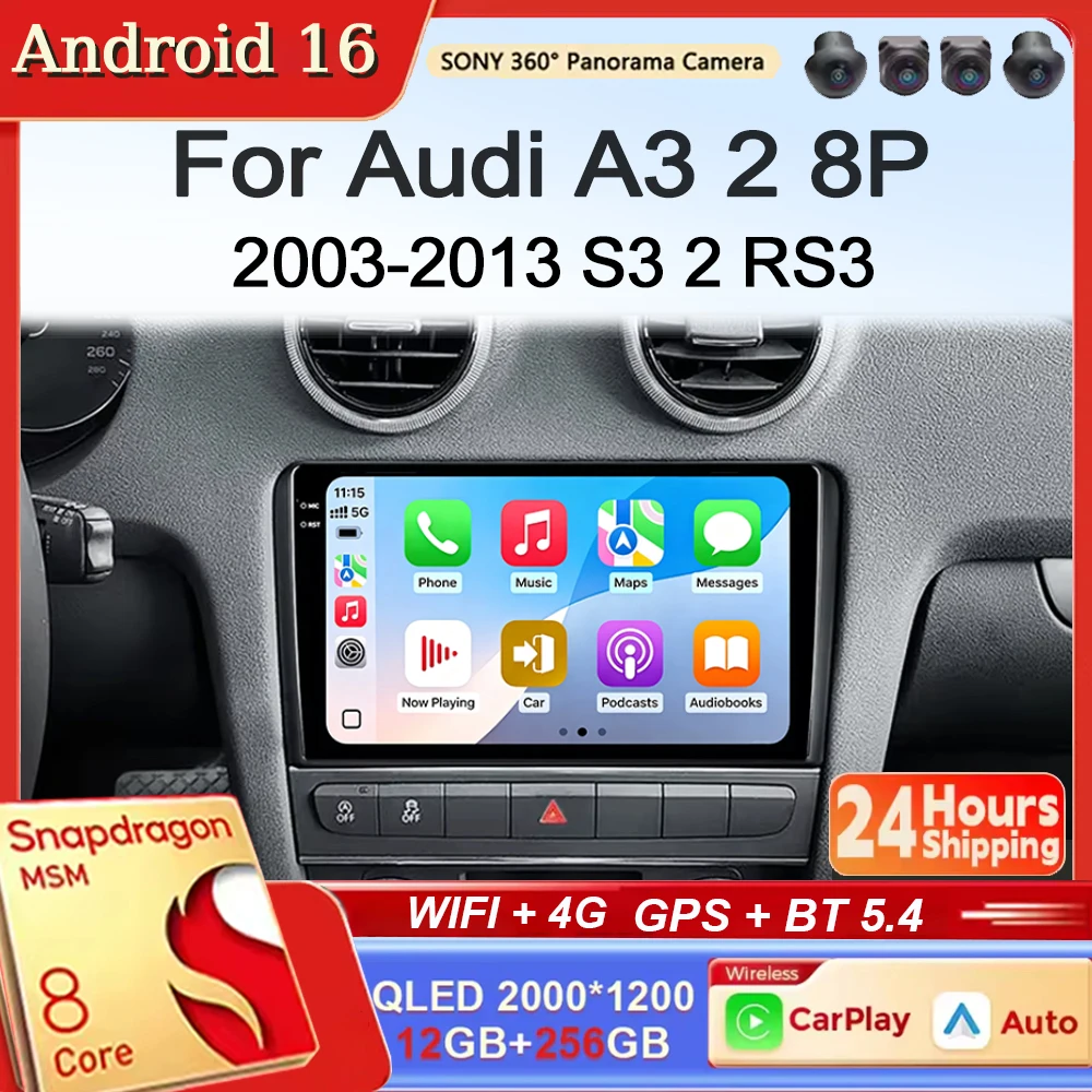Android 16 For Audi A3 2 8P 2003-2013 S3 2 RS3 CarPlay Android Auto Car Radio Stereo GPS Navigation Multimedia Player Wireless