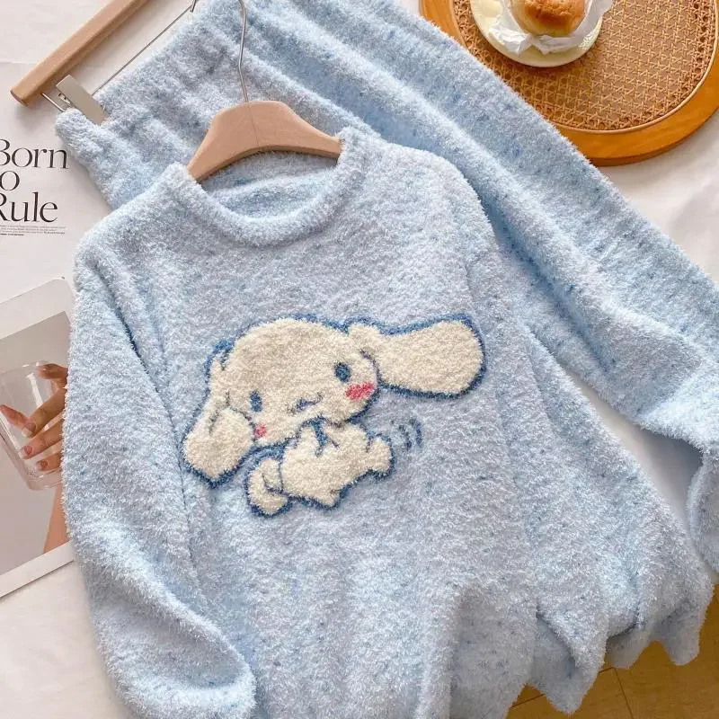 Cartoon Sanrio Hello Kitty Kawaii Pajama Set Cinnamoroll Autumn Winter Indoor Soft Loose Thicken Keep Warm Round Neck Pajamas