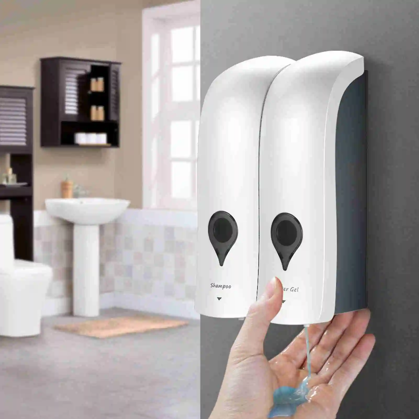 Image of Dispenser di sapone manuale 300mlx2 Dispenser di sapone a doppia testa a parete per dispenser di sapone a doppia testa per bagno di casa dell'hotel cod004