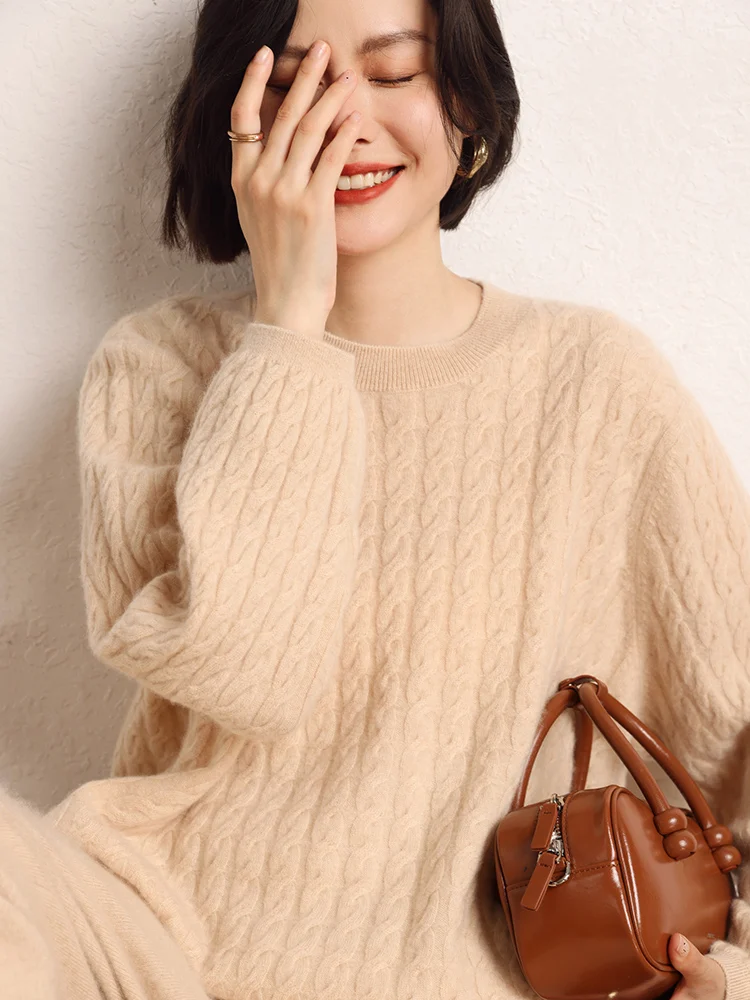 Mulheres chiques 100% camisola de caxemira o-pescoço pulôver cabo malha frente curta longa volta estilo vintage solto malhas outono inverno topo