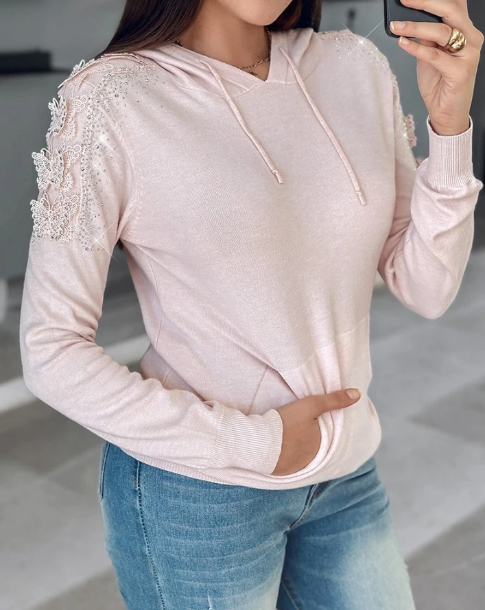 Casual Style Pullover Blouses for Women 2024 Spring Autumn Lace Butterfly Pattern Rhinestone Kangaroo Pocket Design Hoodie