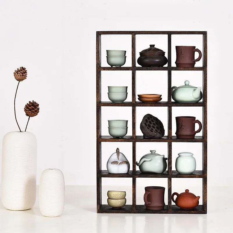Handmade Solid Wood Vintage Tea Set Display Stand Chinese Duobaoge Wall Mount Bogu Rack for Home Decor