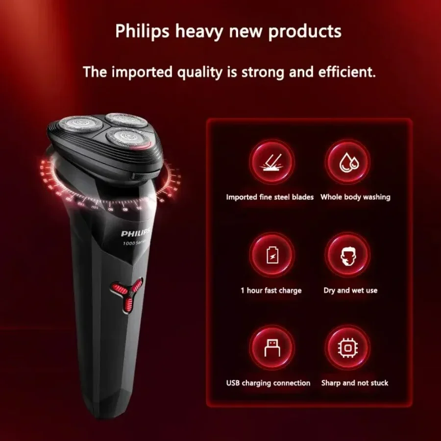 PHILIPS Serie 1000 Rasoio Elettrico A Secco Bagnato Rasatura Tripla Lama Testa Galleggiante Barba Trimmer Rasoio da Uomo Rasoio Elettrico Macchina