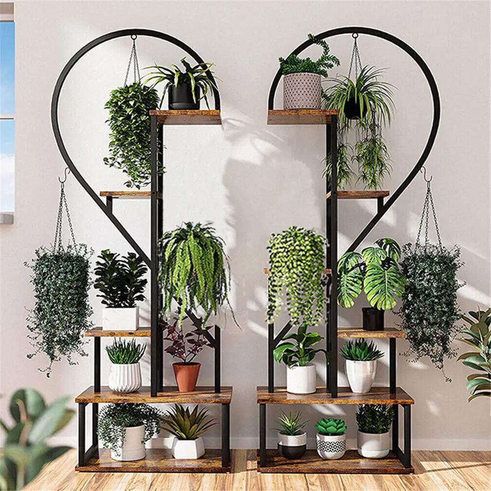 2X Metal Creative Heart Shape Ladder Plant Stands Flower Shelf 6 Tier 20 Pots Holder Large Capacity for Home Patio Lawn Garden