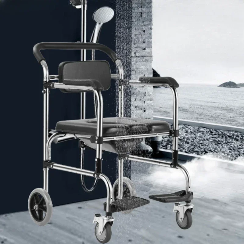 Mobile Bath Chair Folding Stainless Steel Toilet Disabled Pregnant Women Seat with Wheels Wheeled Shower Foldable Toilet Chair