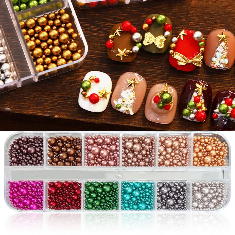 12/6 rejillas Navidad rojo/verde perla diamantes de imitación para uñas tamaño mixto 3D cuentas redondas coloridas dijes para uñas accesorios de manicura DIY