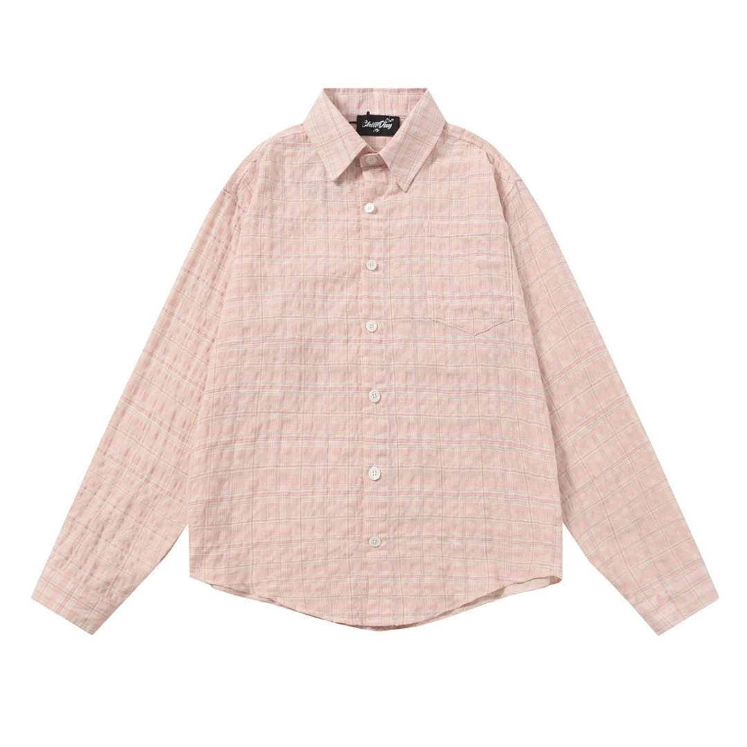 Pink Plaid Crinkle Texture Long Sleeve Shirt Unisex Loose Fit Casual Check Button Down Blouse