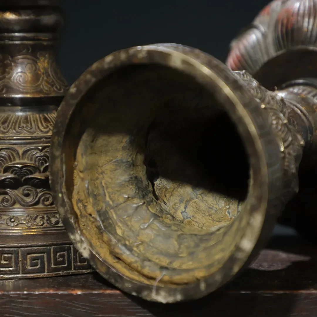 11 "مجموعة معبد التبت البرونزية القديمة الزنجفر الطين الذهب لوتس باوليان مصباح مصباح زيتي زوج الشمعدان قاعة العبادة تاون هاوس