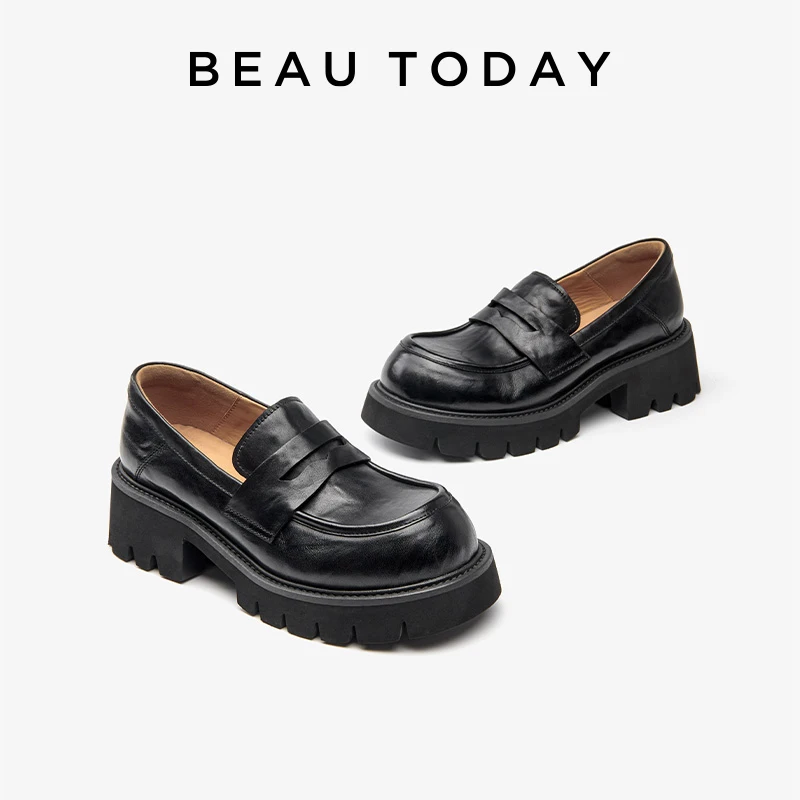 BEAUTODAY Platform Loafers Women Embossing Cow Leather Dress Shoes  Ladies Slip-on Flats Spring Autumn Handmade 26635