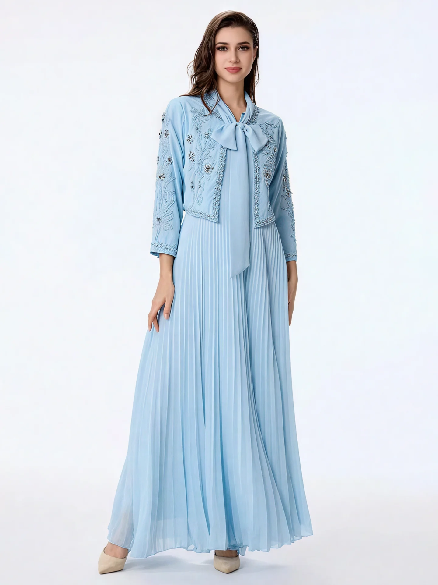 VGH Retro Elegant Two-Piece Set with Heavy Embroidery And Rhinestone Dress And Coat Ensemble for Women Fashionable Autumn Wear