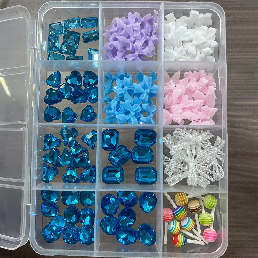 12 rejillas 3D gema azul/najarita/luleta dijes para decoración de uñas cinta de Organza mixta corazón cuadrado diamante decoraciones para uñas DIY y