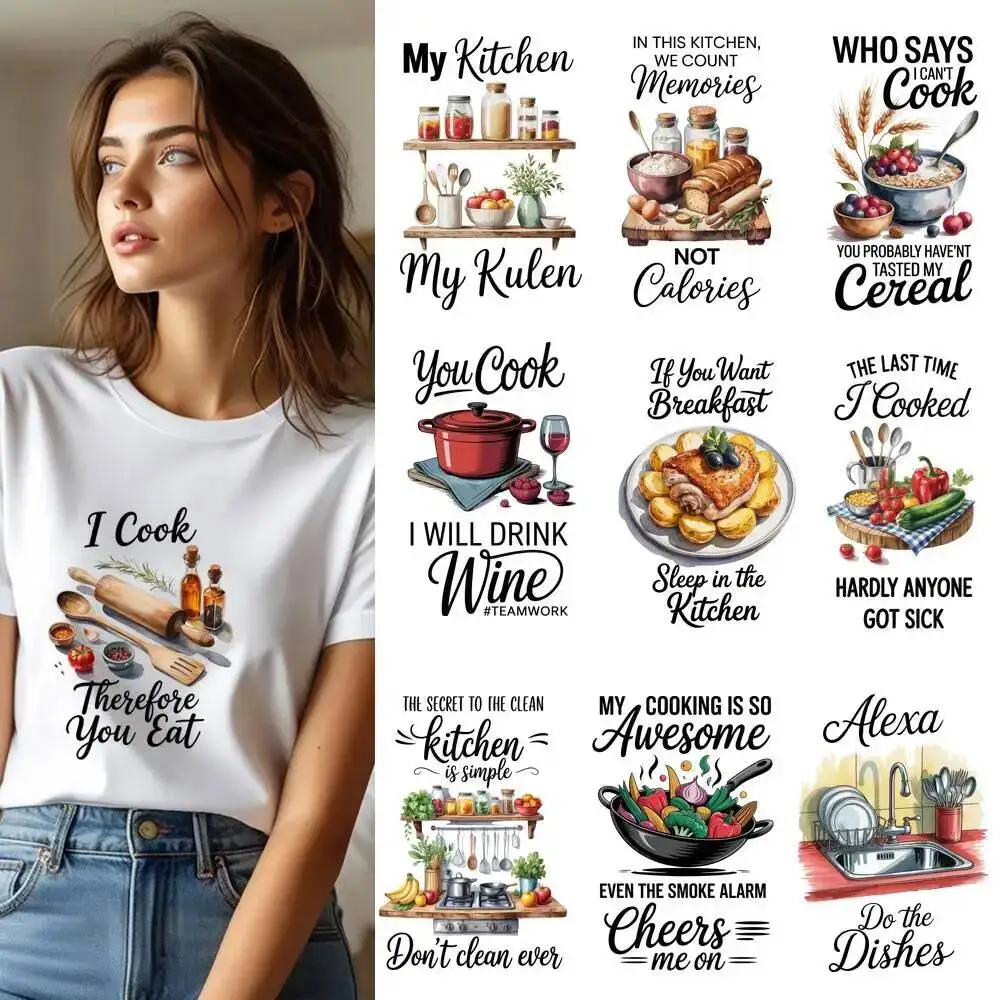 25CM Funny Kitchen Cooking Towel Decal Heat Transfer Patches For Clothes DIY A-Level Washable Shirt Iron-on Thermal Sticker