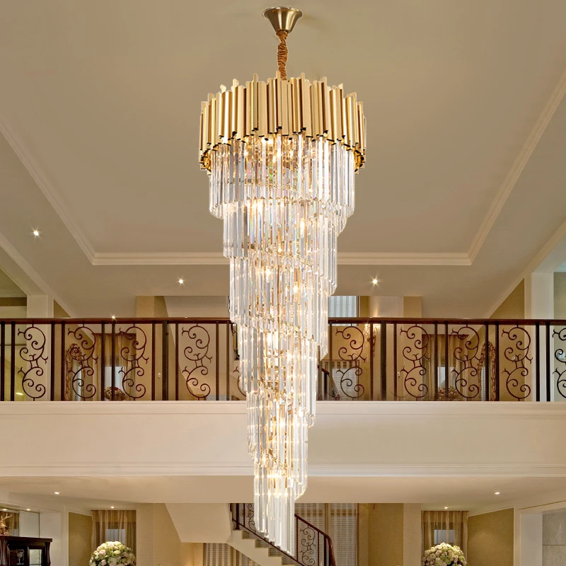 

Large Staircase Gold Crystal Chandelier Luxury Home Decor Hang Light Fixture Modern Villa Foyer Long Cristal Lamp with Dimmable