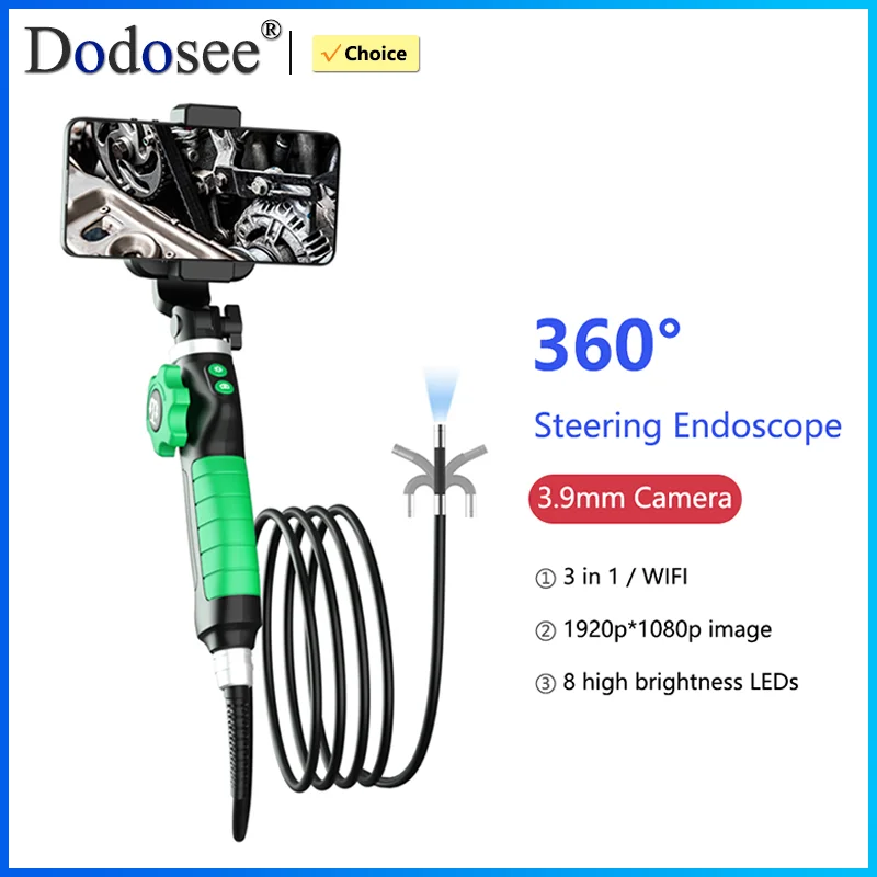 Dodosee 3.9mm 3 in 1 Articulating Endoscope Camera HD 1080P Borescope Car Inspection Industrial Endoscope For Android Phone