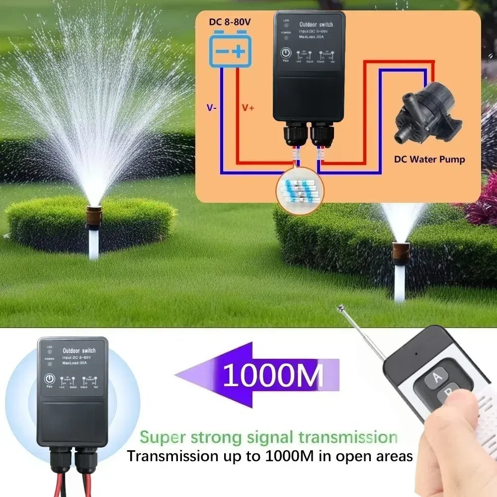 RF 433MHz اللاسلكية التحكم عن بعد التبديل تيار مستمر 12 فولت 24 فولت 36 فولت 72 فولت 30A في الهواء الطلق مقاوم للماء 1000 متر نطاق التحكم لمضخة مصباح مروحة العادم