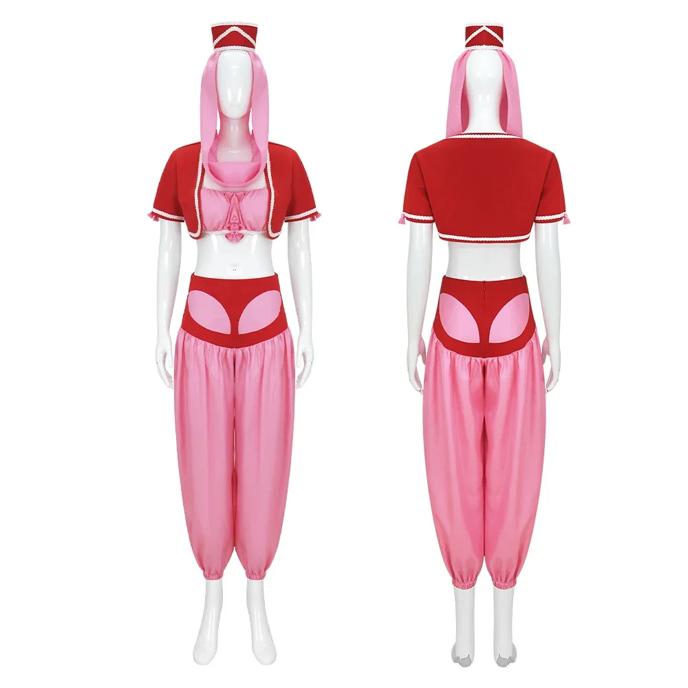 Damen I Dream of Jeannie Cosplay Bauchtanz-Kostüm Rotes Kleid Halloween-Outfit Set