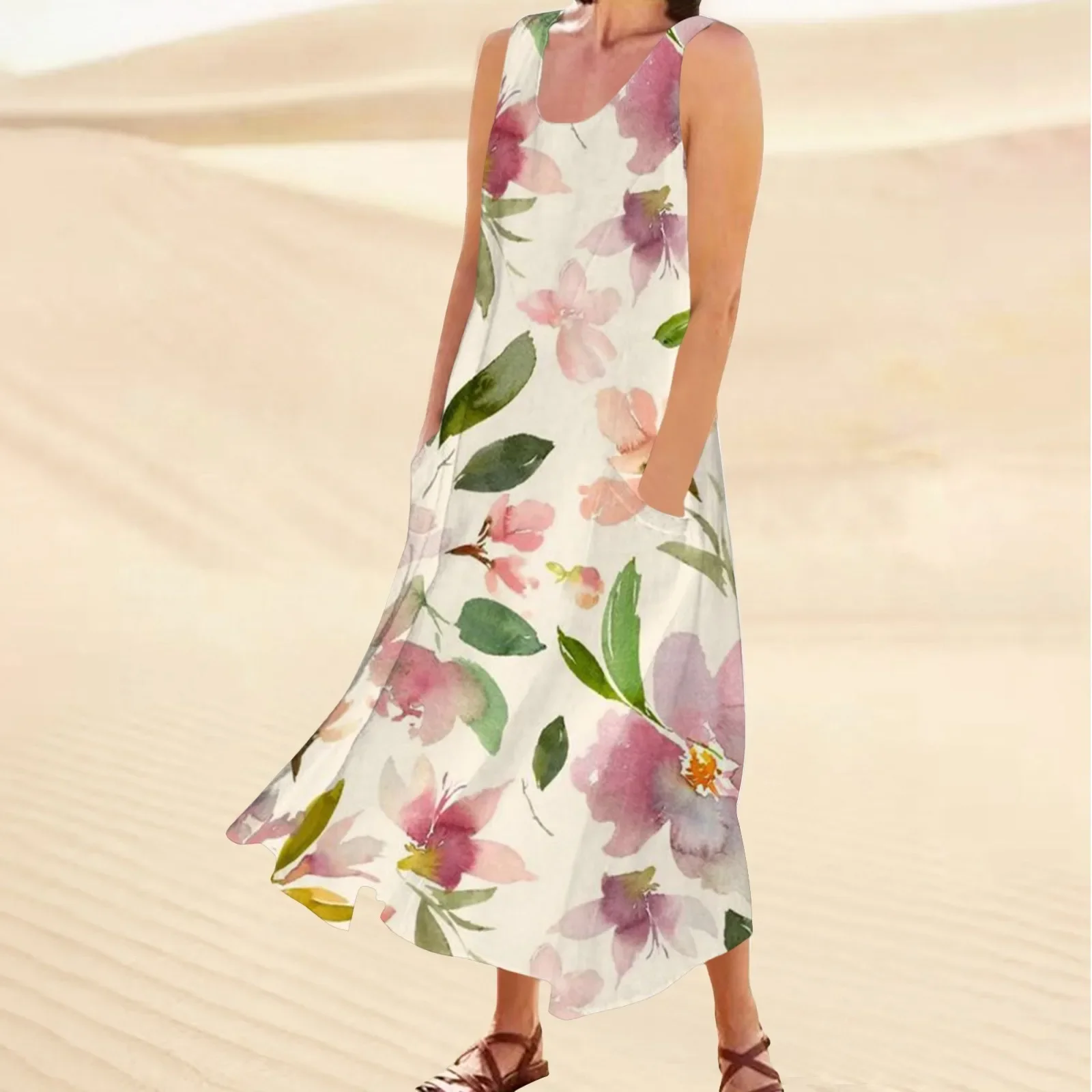 

Summer Dresses for Women 2023 Beach Round Neck Sleeveless Tank Beach Dress Loose Midi Dress Cheap Casual Women'S Dresses