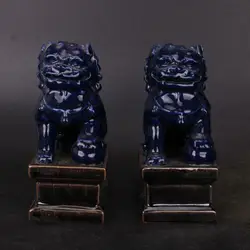 A Pair Chinese Qing Blue Glaze Porcelain Figurine Foo Fu Dog Guardion Lion Statue 5.90