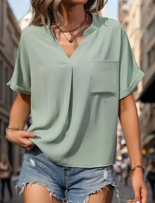 

Women's Chiffon Shirt 2026 Summer Loose V-Neck Casual Simple Solid Color Loose Short Sleeve Chiffon Shirt Suitable for Commuting