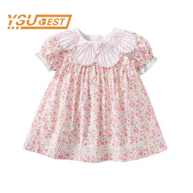 Sweet Lace Collar Kids Baby Girls Dress Kids Baby Girls Short Sleeve Printing Dress Summer Kids Baby Girl Dress Children Clothes