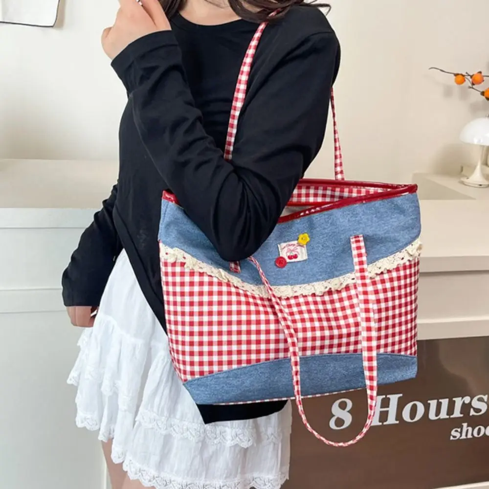 

Portable Lattice Lace Bow Shoulder Bag Lovely Rural Style Denim Plaid Handbag Leisure Vintage Commuting Tote Bag Students