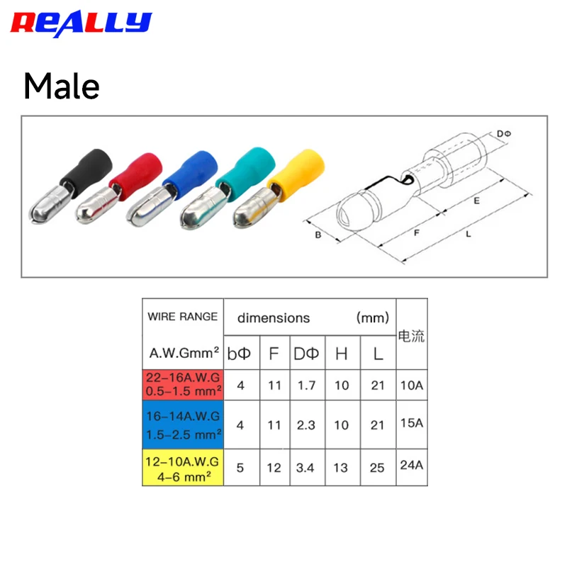 50Pairs Female and Male Insulated Electric Connector Crimp Bullet Terminal for 22~10 AWG  0.5-6mm Audio Wiring