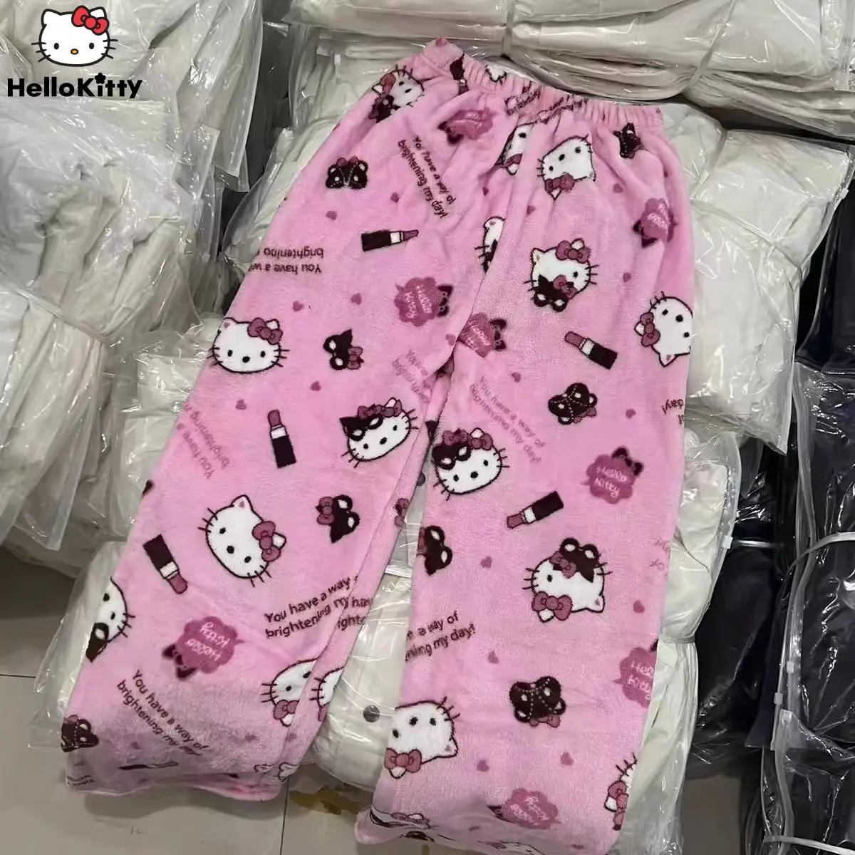 Sanrio Hello Kitty Kuromi Flannel Pajama Pants 2000s Y2k Girls New Plush Harajuku Sleepwear Home Pants Youthful Woman Clothes