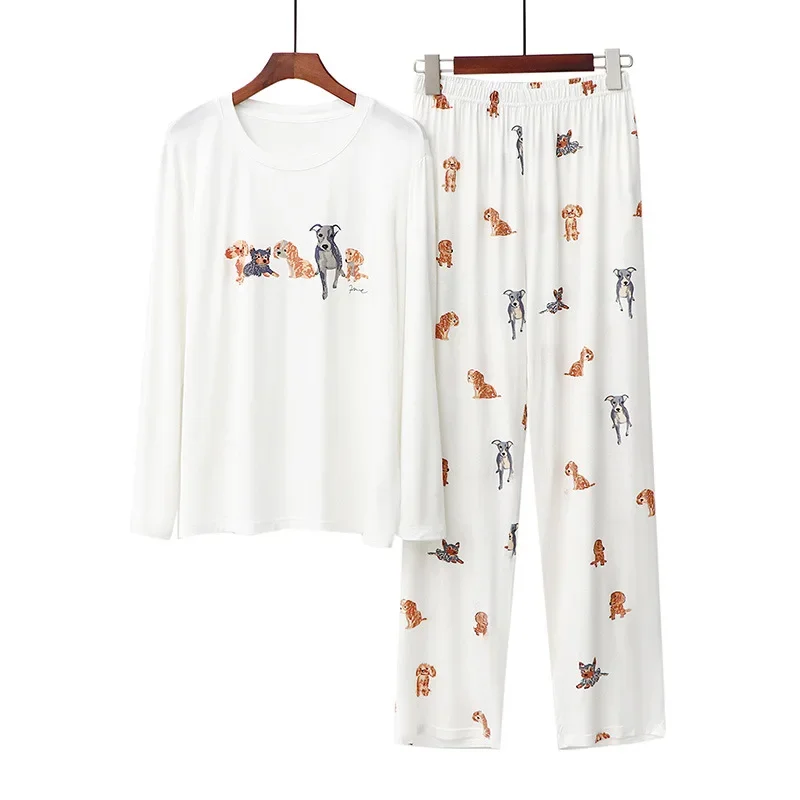 2024 Spring Summer Pajamas for Women Cotton O-neck Long Sleeve Trousers Homewear Suit Cute Cartoon Print Loose Casual Sleepwear