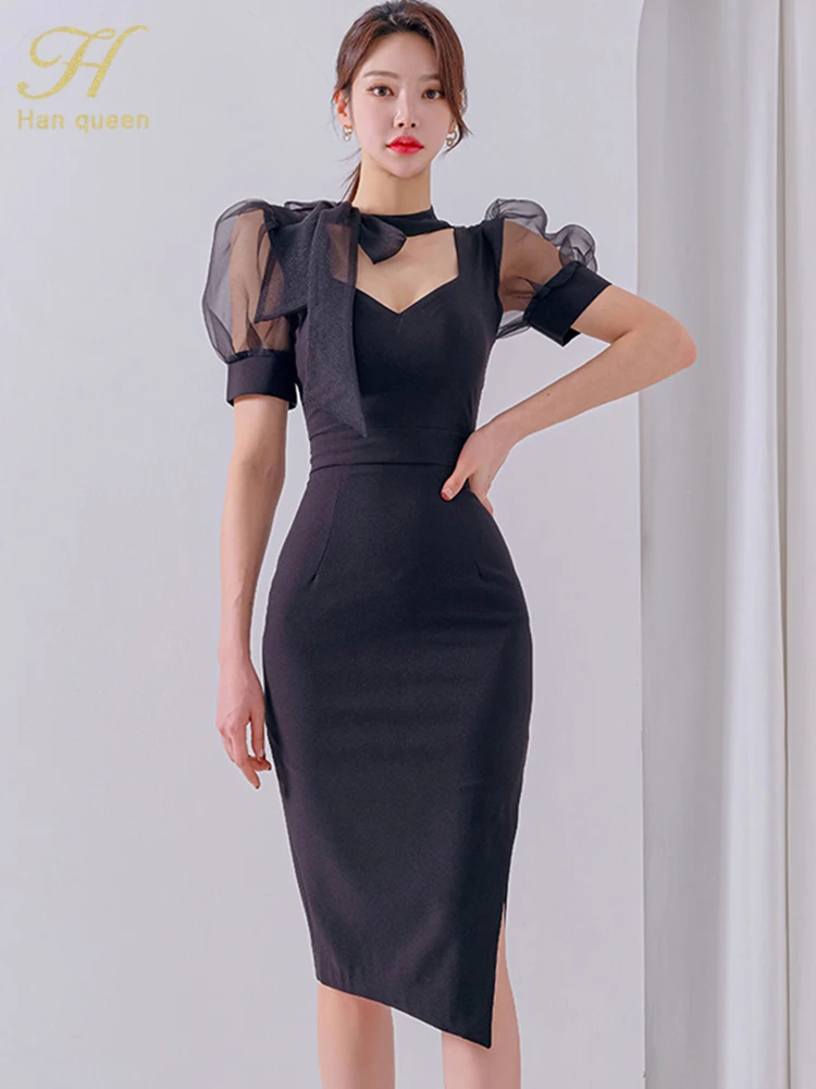 

H Han Queen 2023 New Elegant Lace-Up Bow Vintage Dresses Women Korean Simple Series Pencil Dress Elegant Casual Party Vestidos