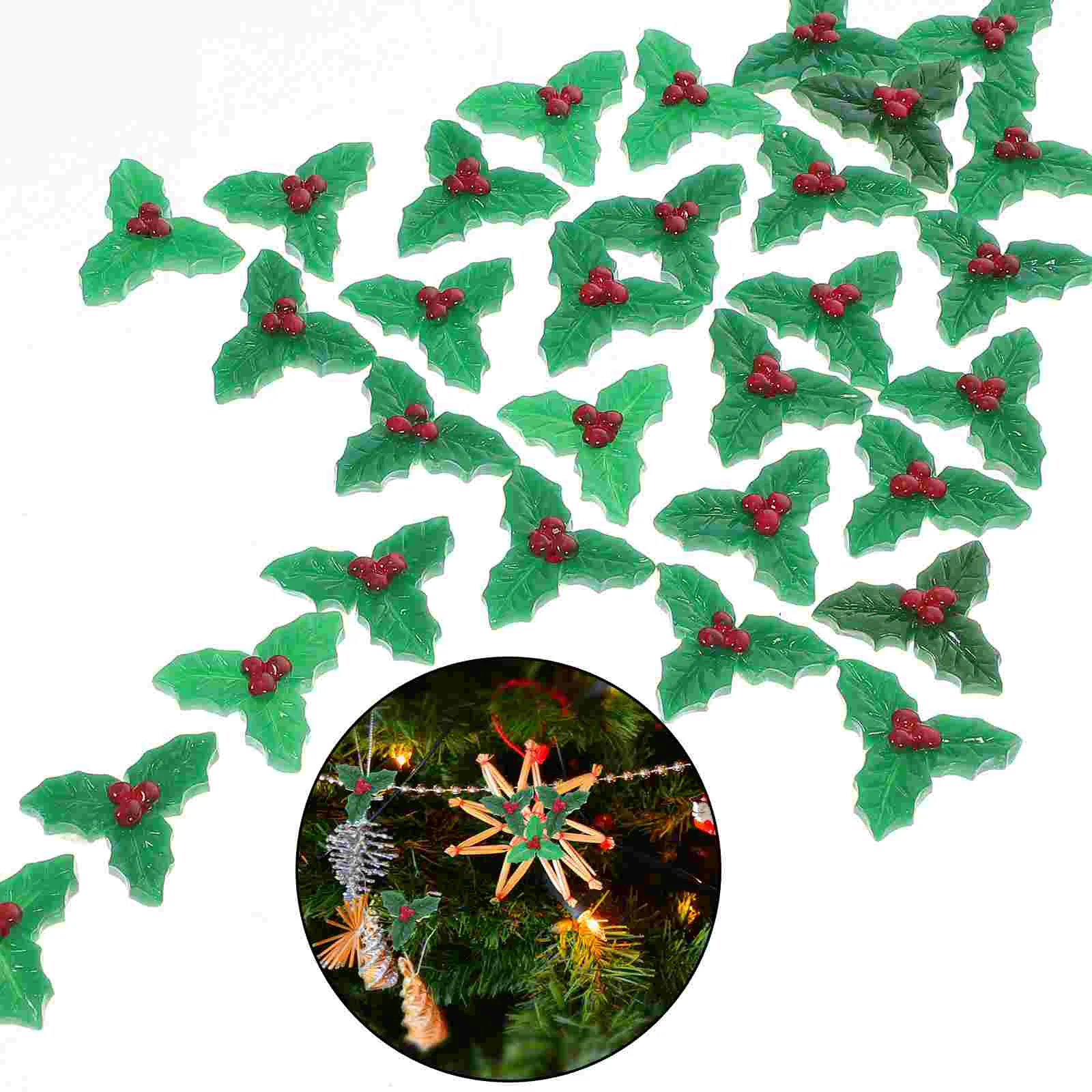 30 Pcs Christmas Decoration Micro Landscape Mini Ornaments Resin Party Favors Holly Leaves Green Room Aesthetic