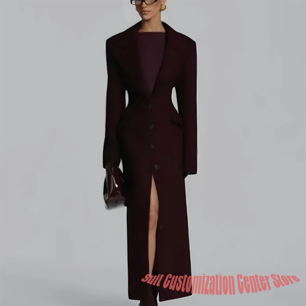 Dark Red Slim Fit Women's Long Jacket Single Breasted Peaked Lapel Wool Coat Chic Elegant Winter Evening Party Outerwears