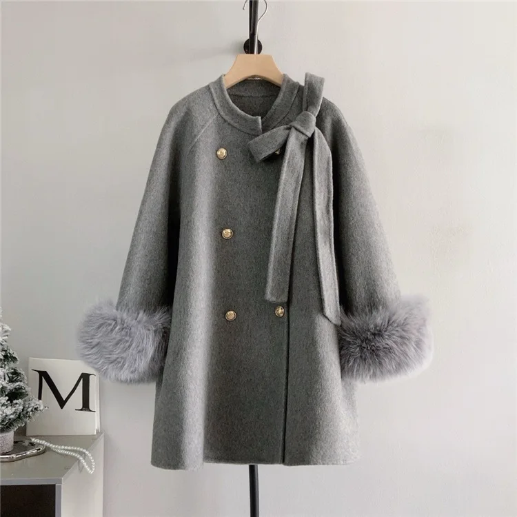 

Двустороннее пальто из натурального меха лисы и кашемира с бантом, осенне-зимнее, для женщин