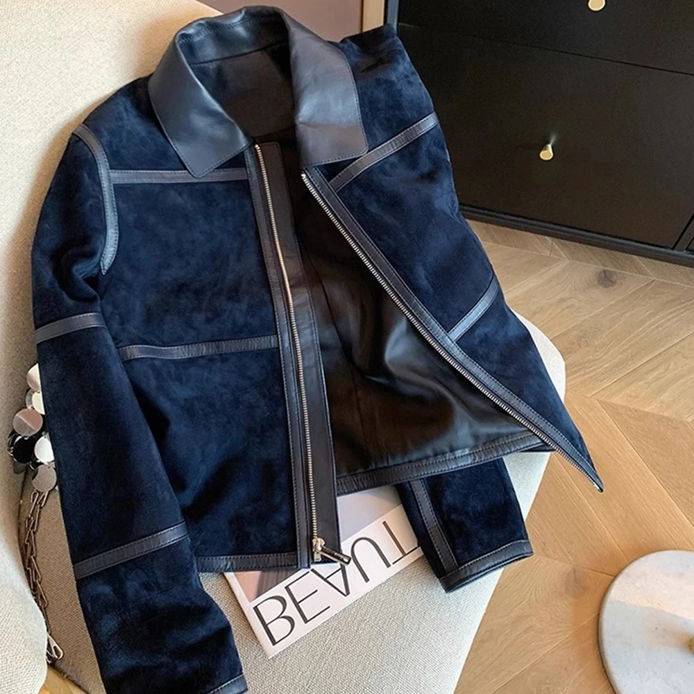 

Navy Blue Short Jacket For Women American Retro Style Suede Splicing PU Spring Autumn Sweet Cool Street Style Zipper Jacket Top