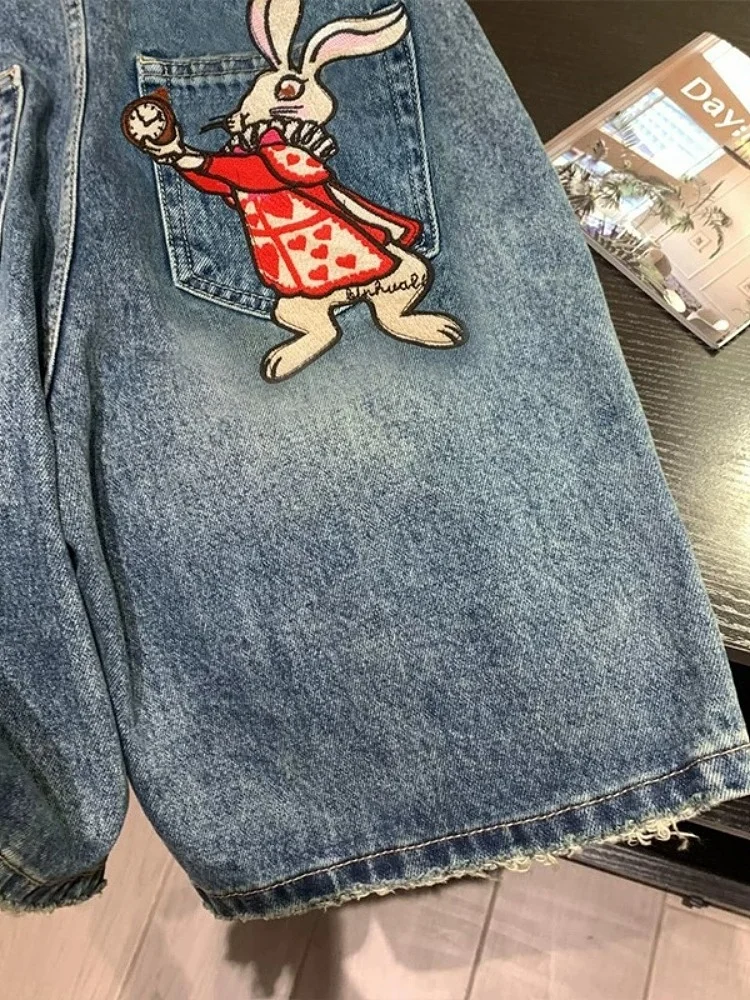 

Женские джинсовые орты с кроличьим дизайном, летние, с эластичной резинкой на талии, прямые ноги, повседневные, из смеси хлопка, из смеси полиэстера, размер плюс