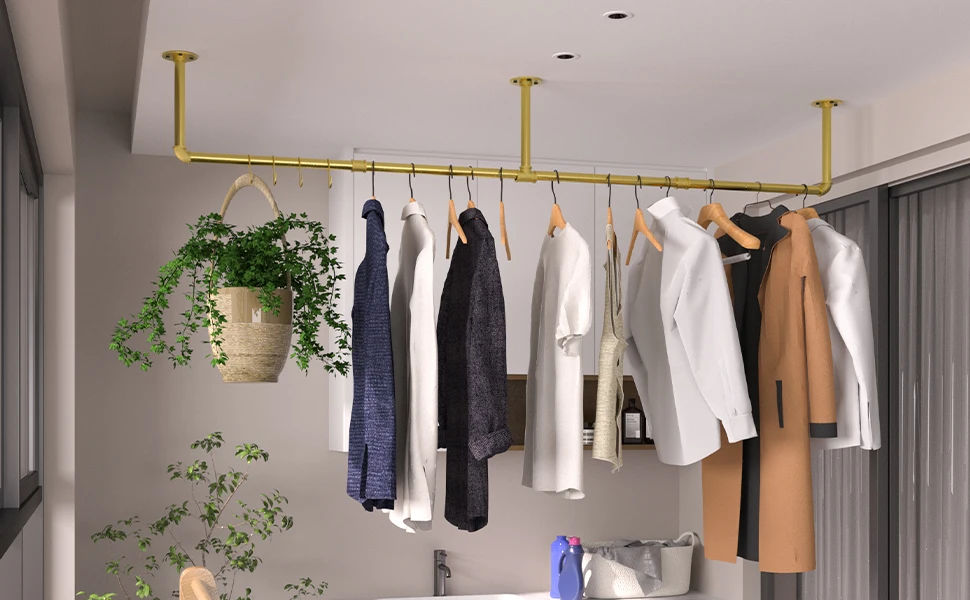 Industrial Pipe Metal Clothes Rail Wall Mounted Germent Rack Hanging Stand