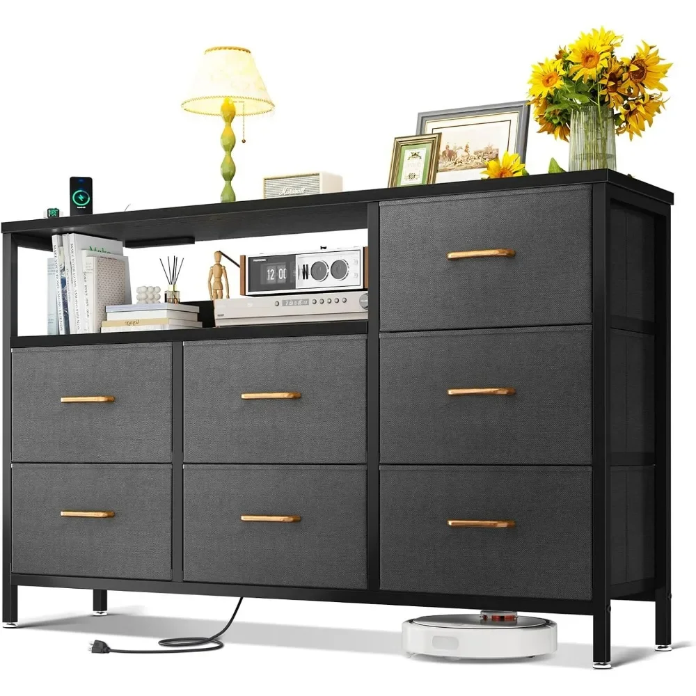 

Dresser with Charging Station, 52-Inch Long Dresser for Bedroom with 7 Large Drawers, Dresser TV Stand with Open Shelves