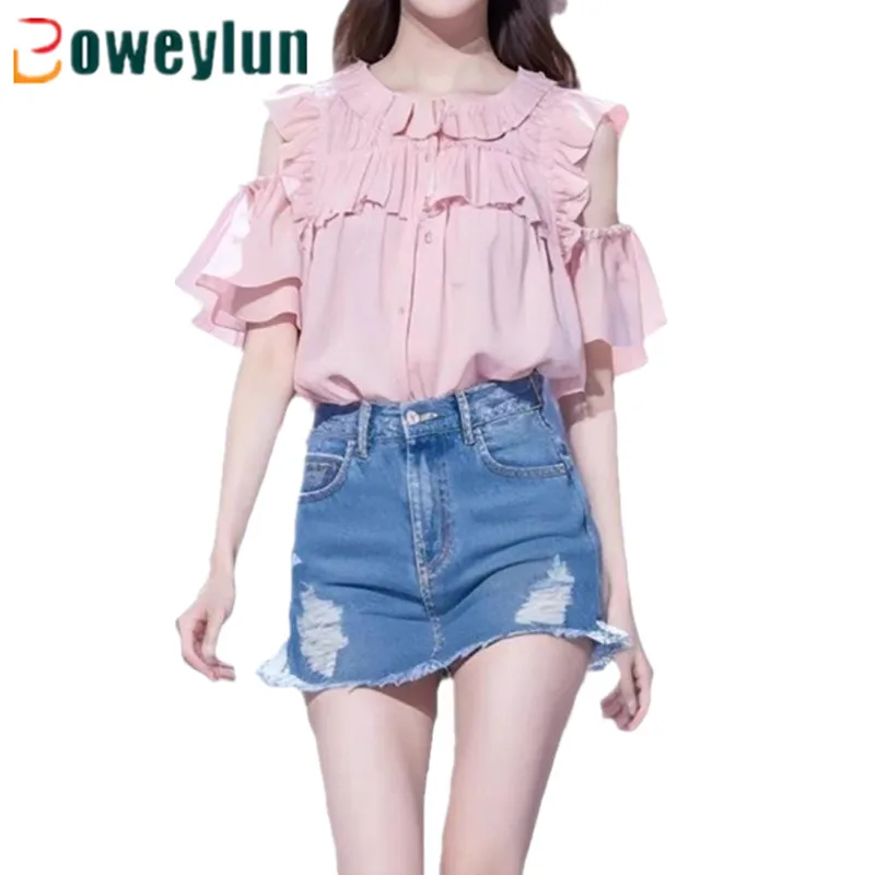 

Boweylun New French Short Sleeve T-Shirt Ruffle Pink Strapless Blouse Top Women Summer