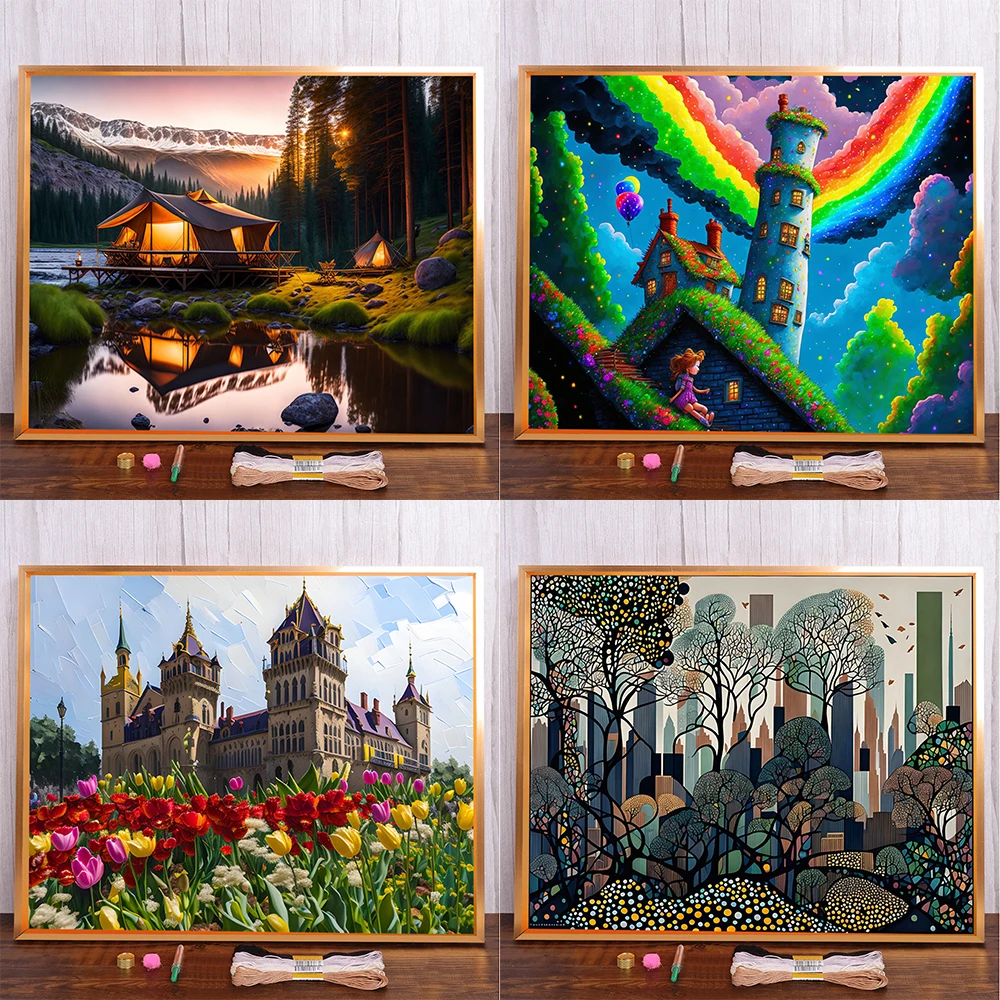 Fantasy Landscape Castle Cross-Stitch Complete Kit Embroidery Needlework Painting Handiwork Handicraft Floss Package Home Decor