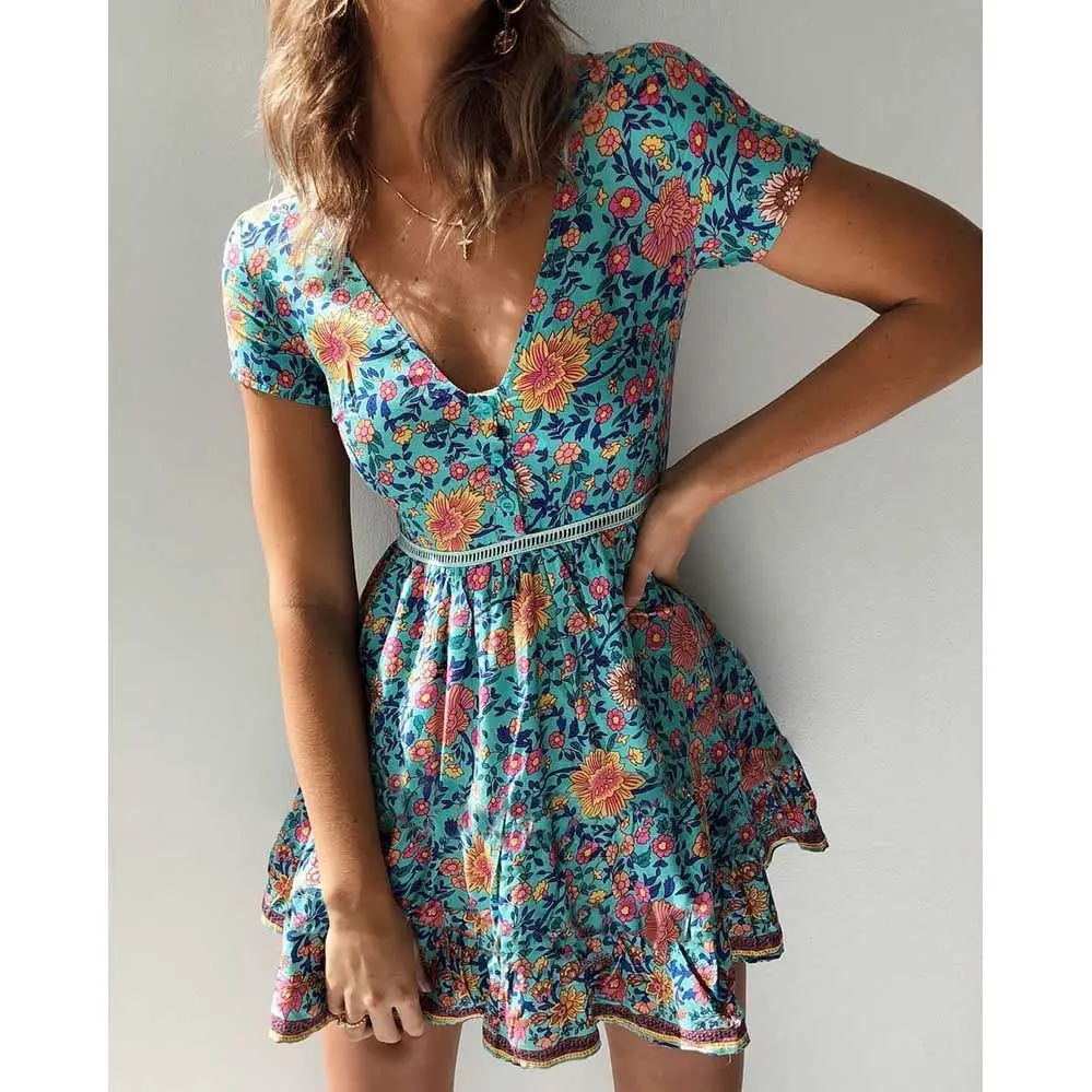 European and American Printed Short Elastic Waist Dress, New