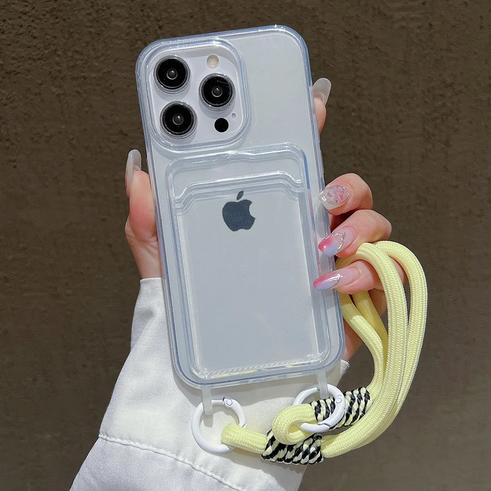 럭셔리 소프트 카드 백 폰 케이스 아이폰 16 프로 맥스 12 14 플러스 XS XR 7 8 투명 범퍼 컬러풀 랜야드 로프 커버
