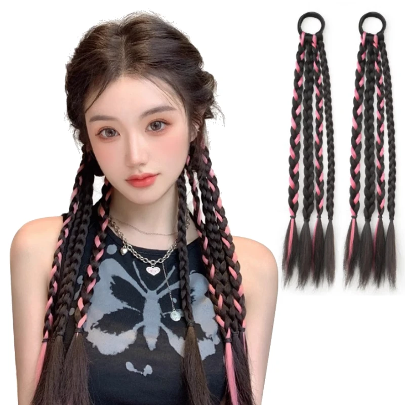 Synthetic Twist Braid Wigs Ponytail Extensions With Rubber Band Boxing Braided Hair Extensions Black Natural Wig Women's Braided