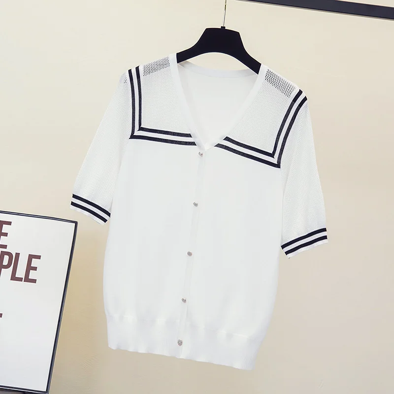 4XL Oversized Summer kintting hollow out T-shirt 2023 short sleeve v neck Stripe sexy thin sweater pullover sueters de mujer