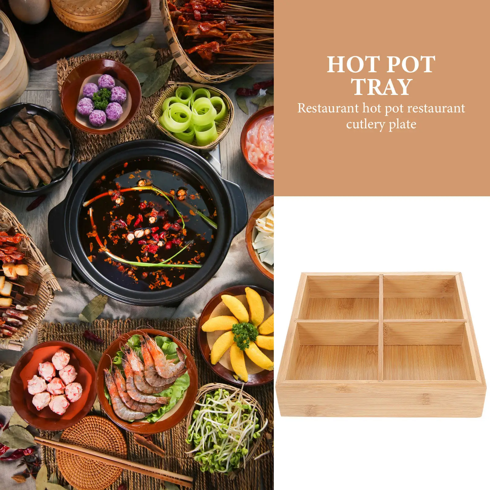 Bamboo Serving Tray with 6 Compartments Wood Food Dish for Fruits Vegetables Snacks Hot Pot Party Appetizers Dessert - view 3