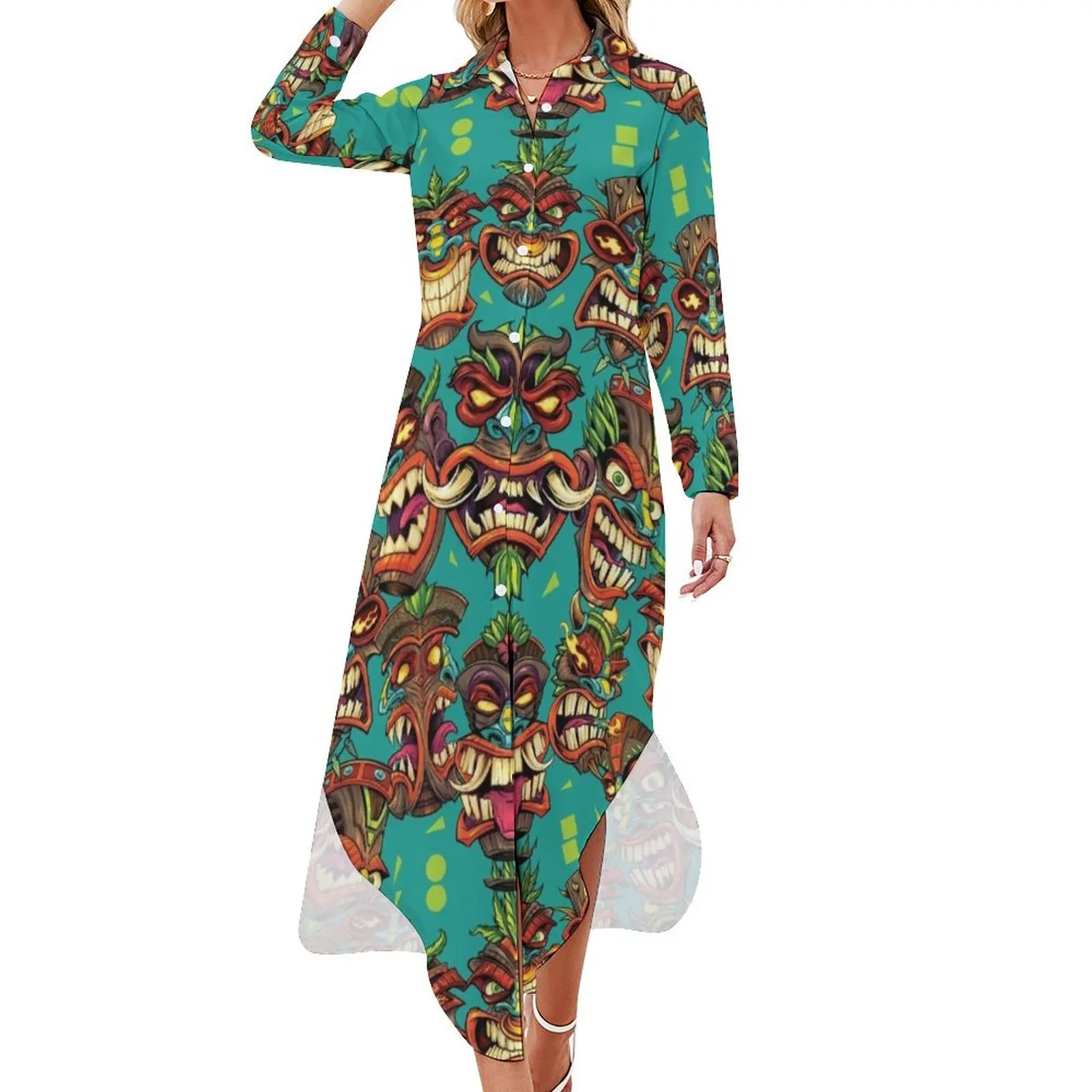 

Tiki Head Repeating Pattern Long Sleeved Shirt Dress dresses for women birthday dress